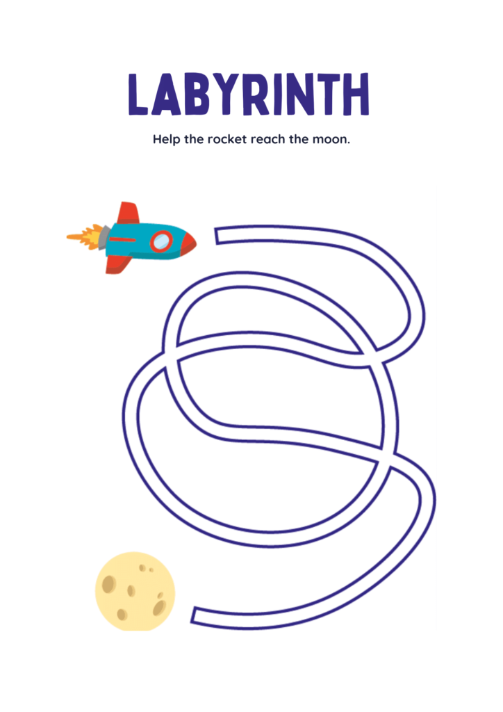 Labyrinth for kids - rocket and moon- worksheets for kids - wee learners