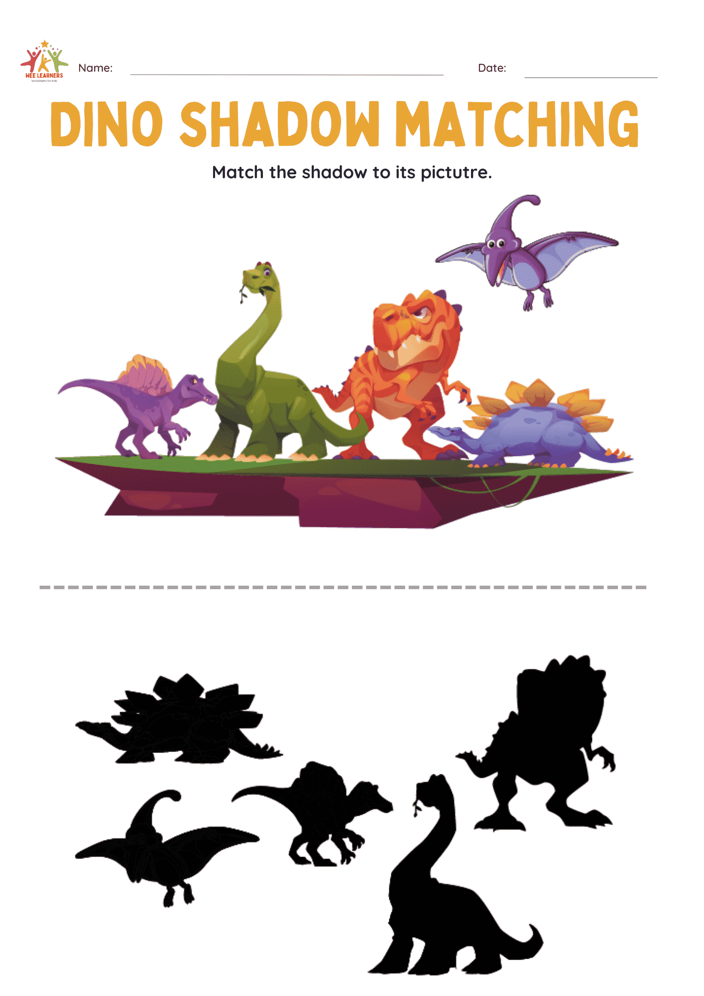 Printable dino shadow matching worksheet