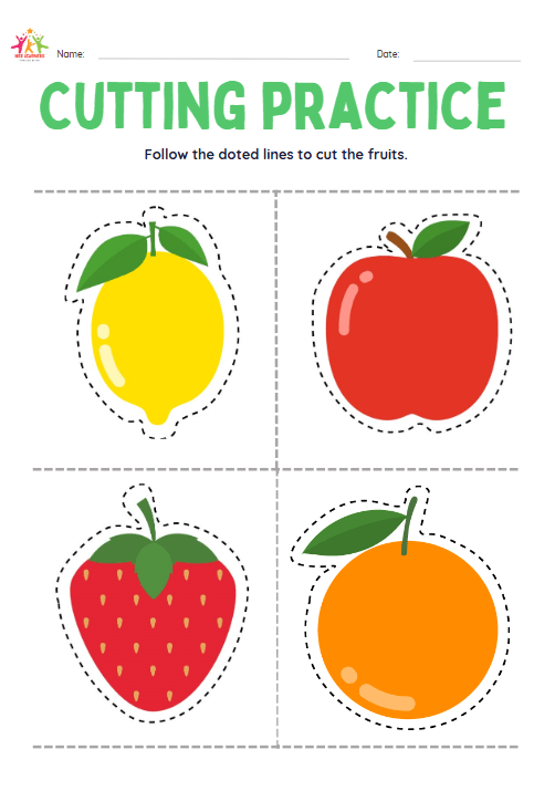 Cutting practice for kids. Free worksheet cutting fruits