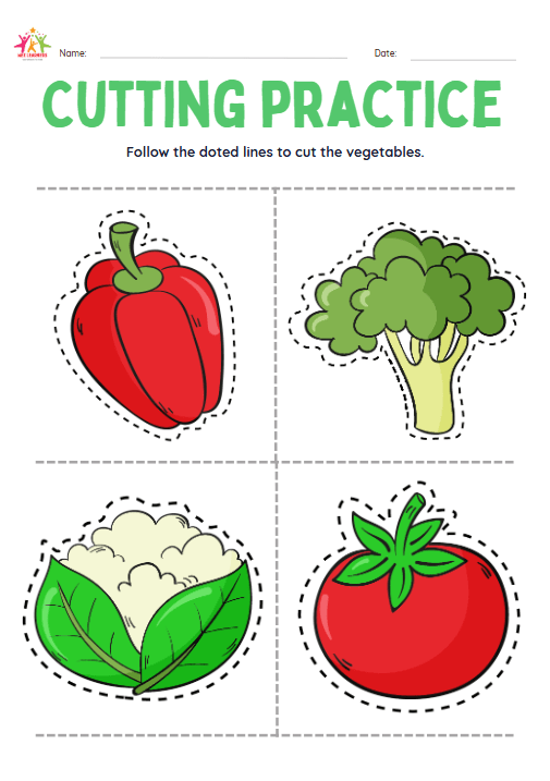 Cutting practice worksheet for kids vegetables